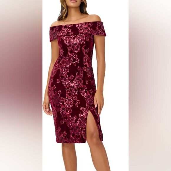 NWT Adrianna Papell Velvet Sequin Sheath Dress in Garnet - Picture 6 of 13
